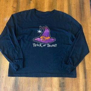 Halloween Top Large Black Purple Orange Sequin Trick or Treat Long Sleeve